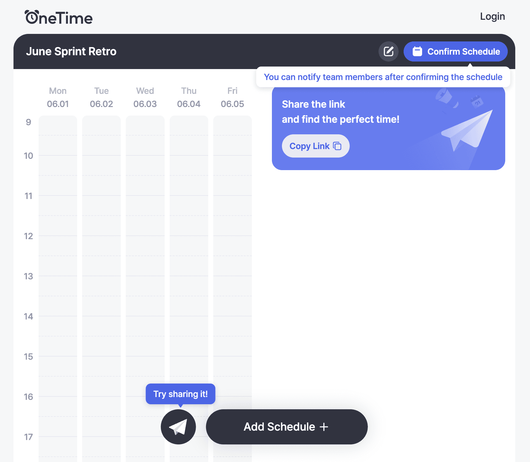 The time grid shown after opening an event link — candidate dates and time slots laid out in a grid