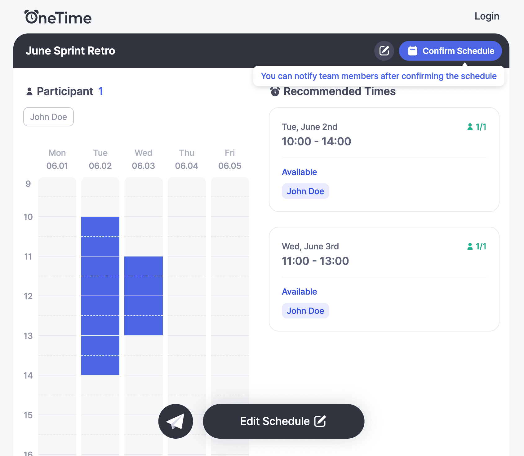 The results screen right after saving — your available times counted in the tally with recommended times shown, and an Edit Schedule button to change them