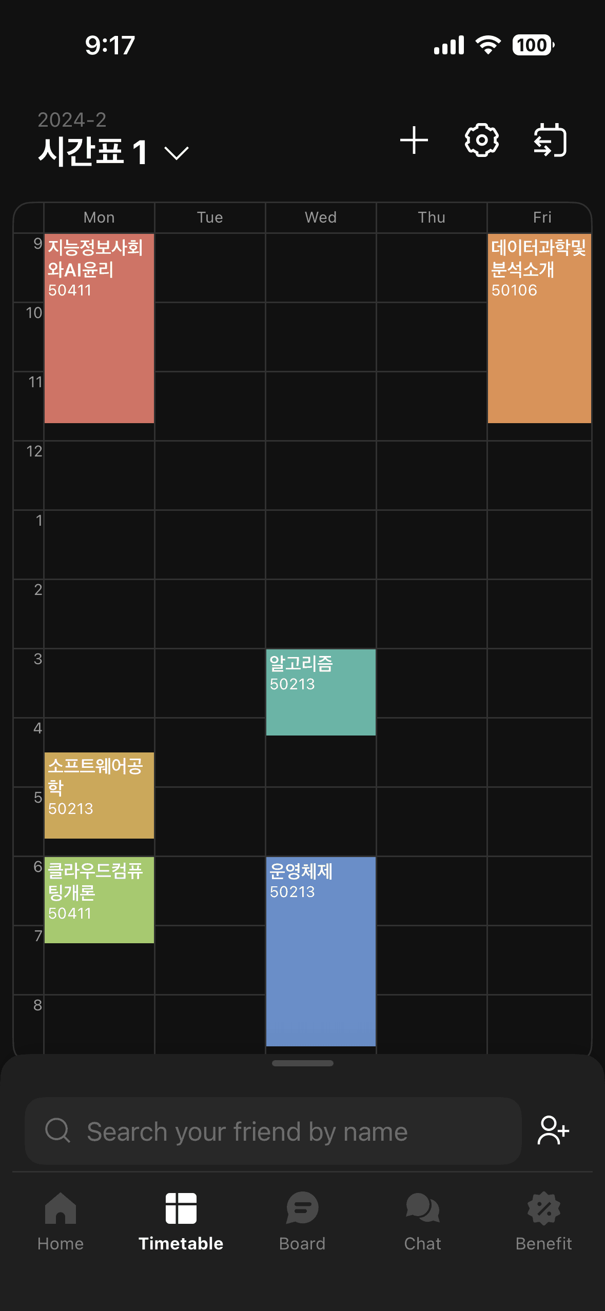 My timetable as set up in the Everytime app