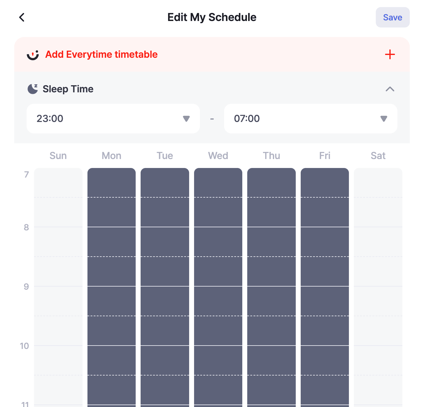 The My Schedule editor — sleep time and the weekly board shown in order