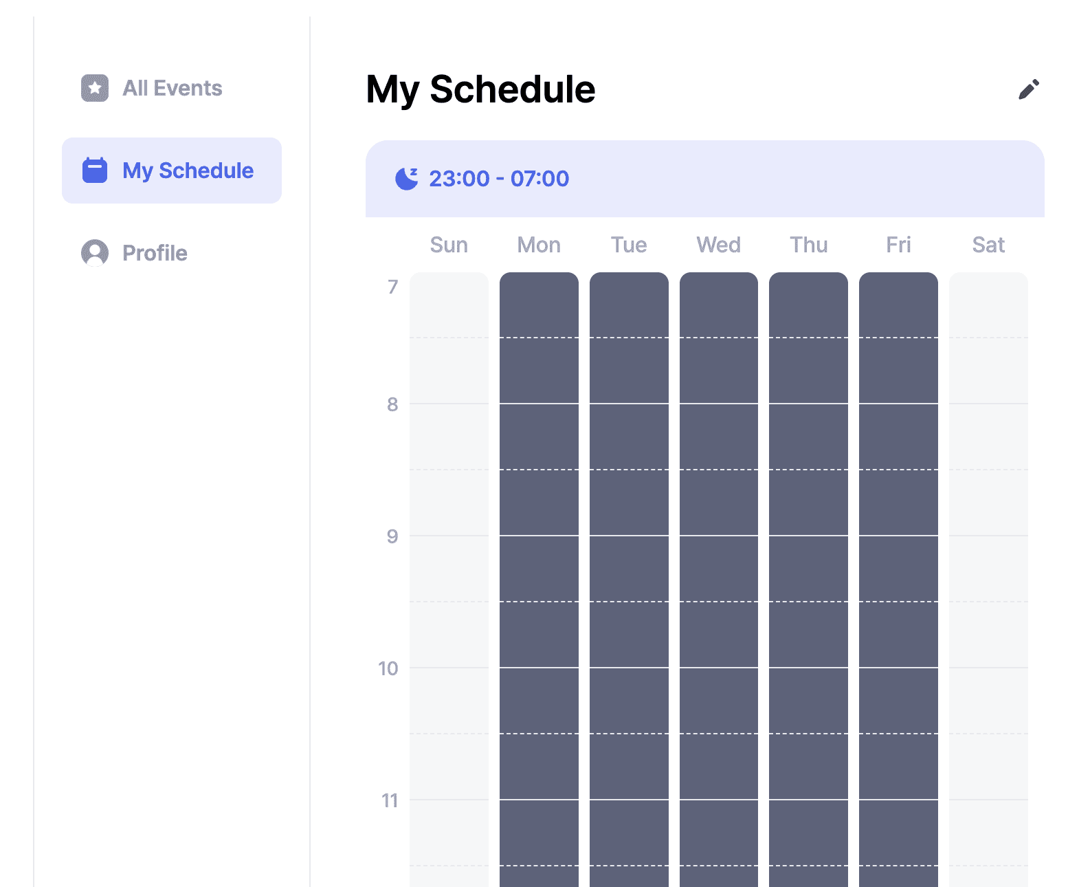 The My Schedule screen on My Page — sleep hours and weekly recurring commitments at a glance