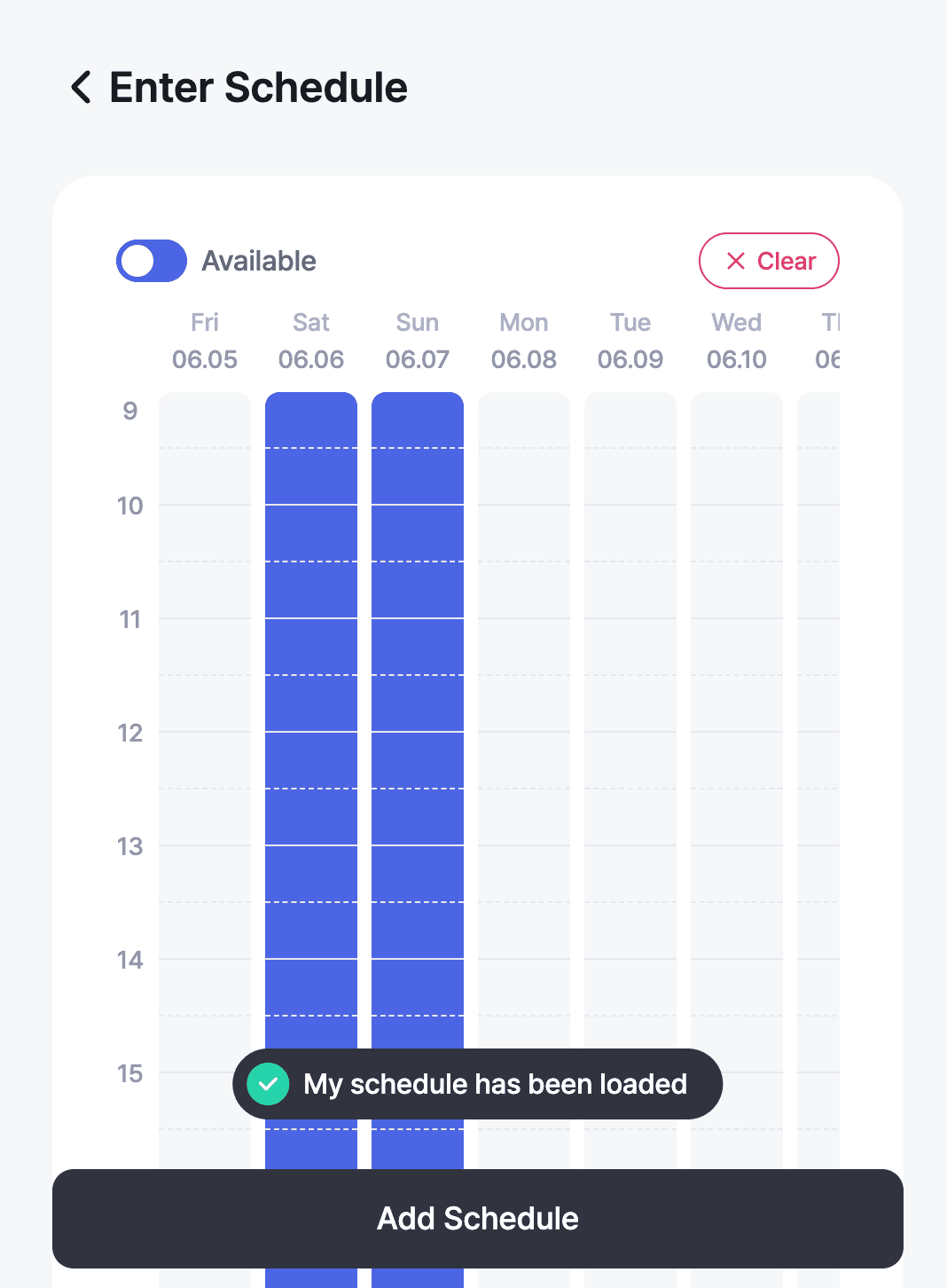 An event's schedule entry screen with My Schedule applied, availability pre-marked