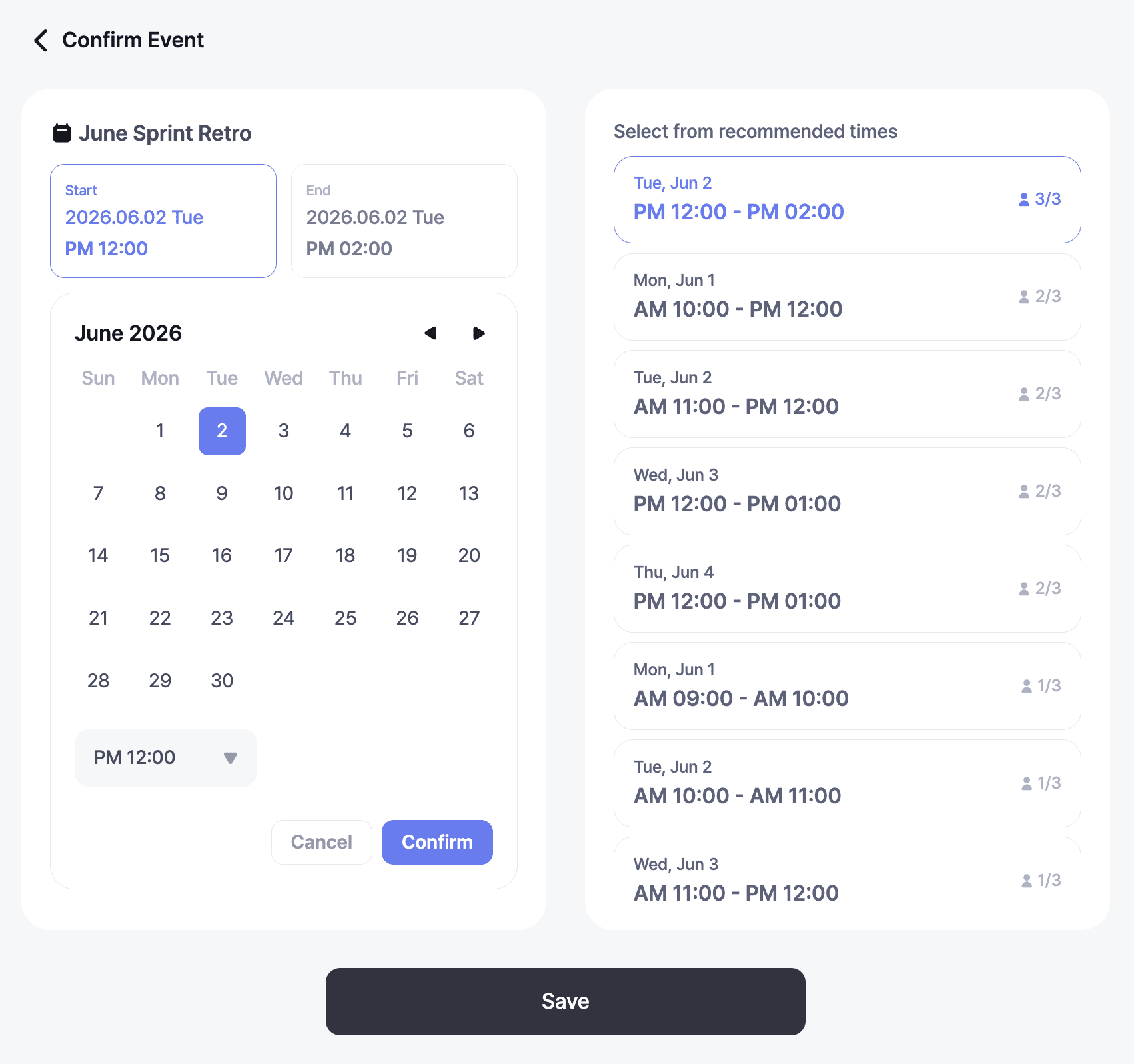The confirm page where the final time is picked from the recommended times and calendar