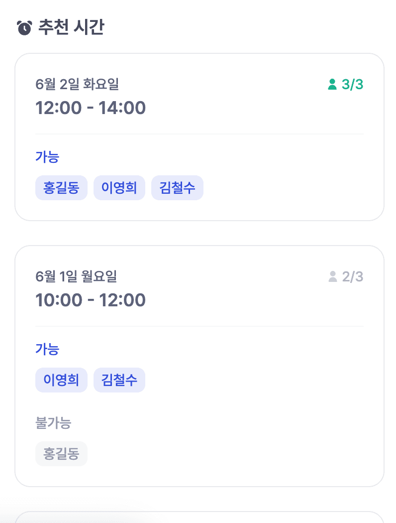 가능 인원이 가장 많은 추천 시간대가 목록 형태로 정리되어 표시된 화면